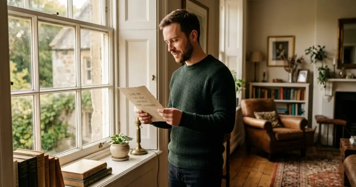 A young man thoughtfully reading a name list aloud by a sunny window