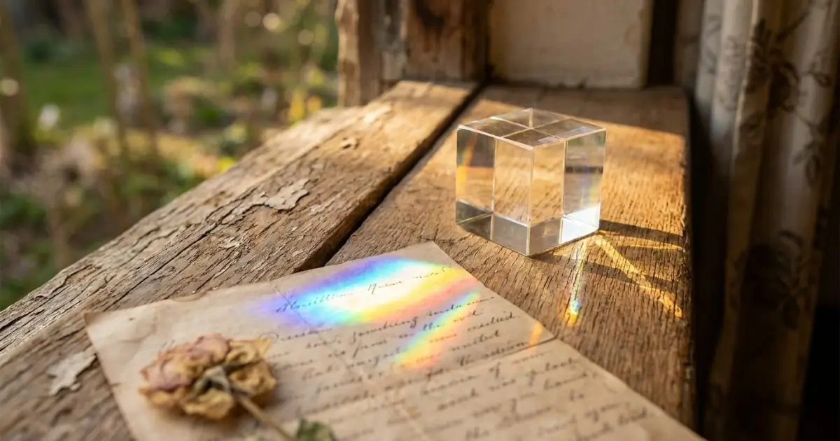 A crystal prism casting a rainbow spectrum over a cherished vintage handwritten letter