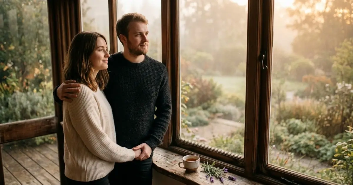 A young couple standing peacefully by a window looking out at a garden during sunset