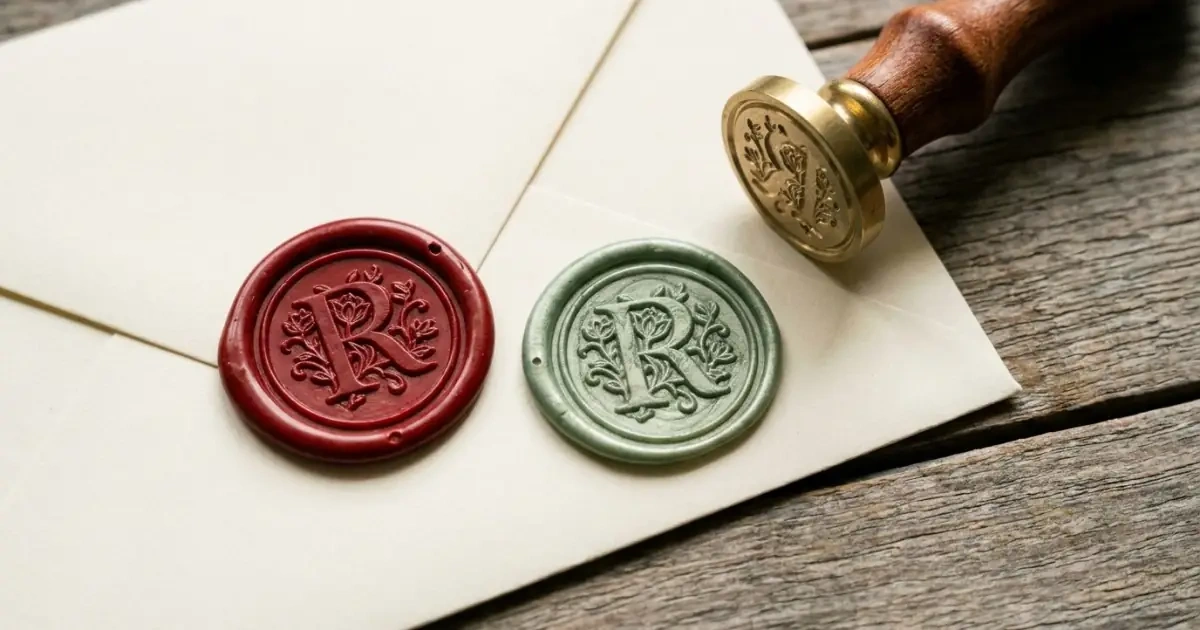 Two wax seals with identical initial letters stamped in different colored wax on cream paper