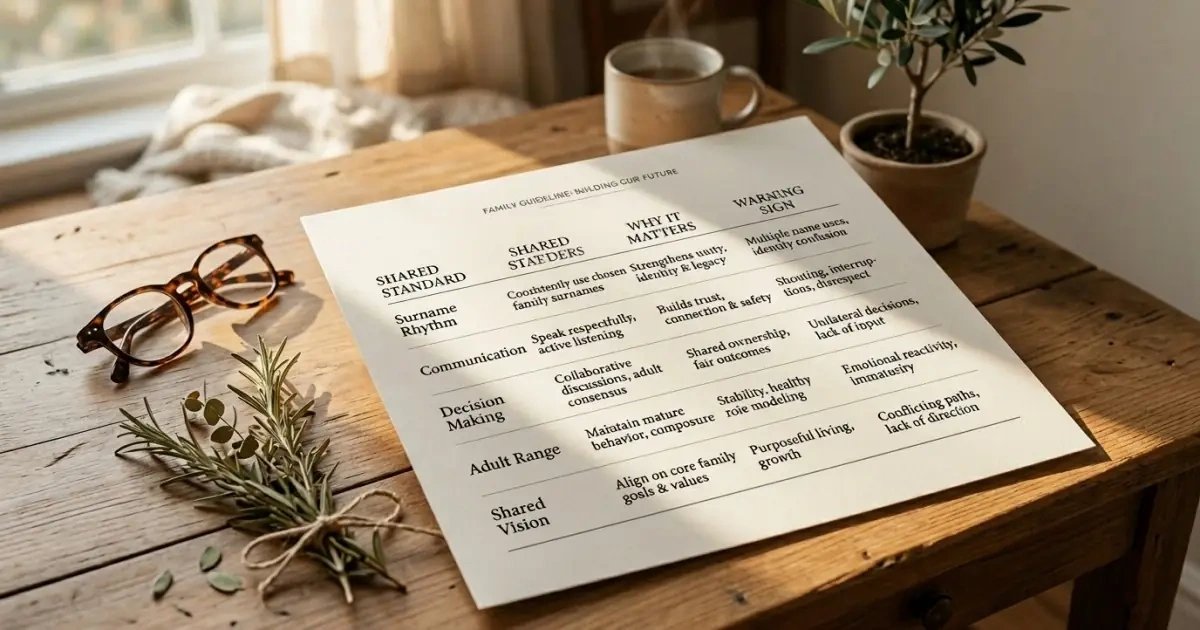 A structured photographic infographic chart showing a shared naming framework criteria list on a desk