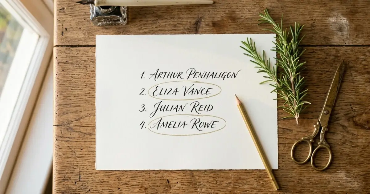 A clean flat-lay layout of a handwritten baby name shortlist on premium paper.