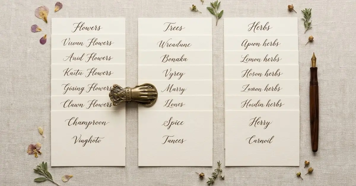 An organized flat-lay of handwritten cards categorizing nature baby names cleanly