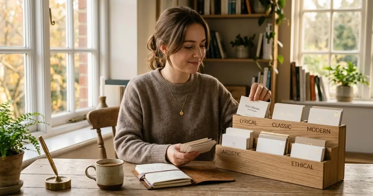 A young woman organizing soft baby names into style categories on her wooden desk.