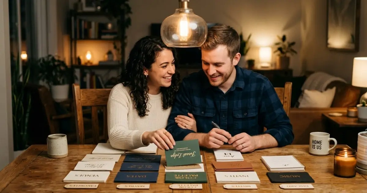 Young parents sorting through a shortlist of potential baby names at home