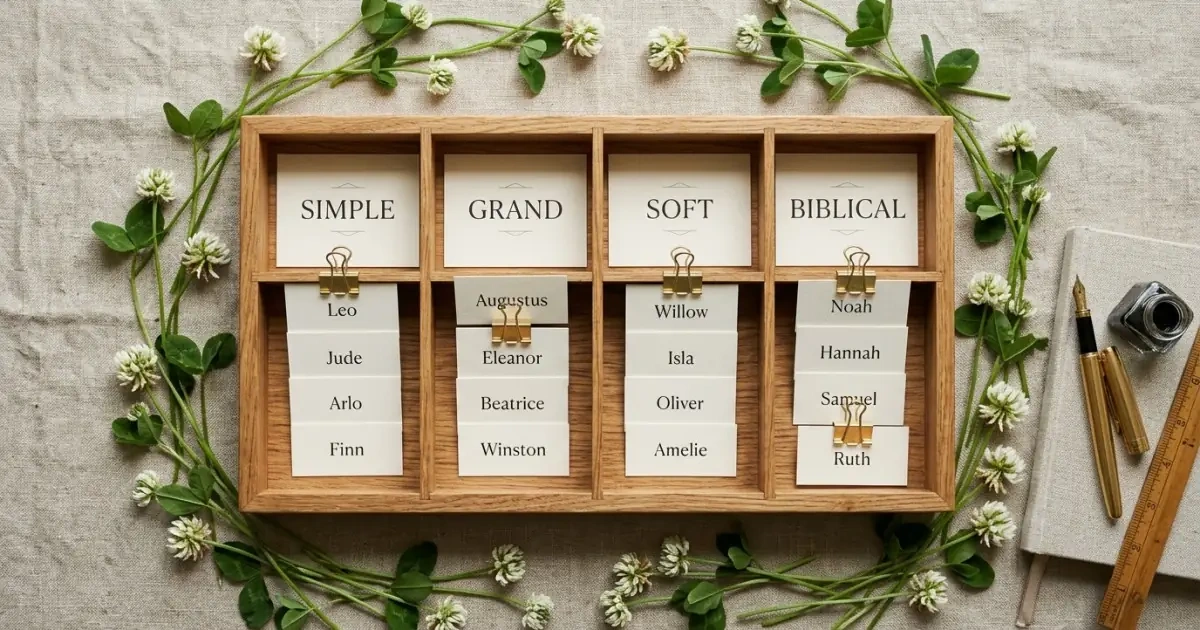 A beautiful sorting tray organizing baby name choices into a timeless shortlist.
