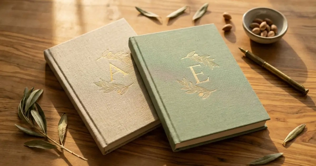 Two linen journals side-by-side representing a sibling baby name initials check