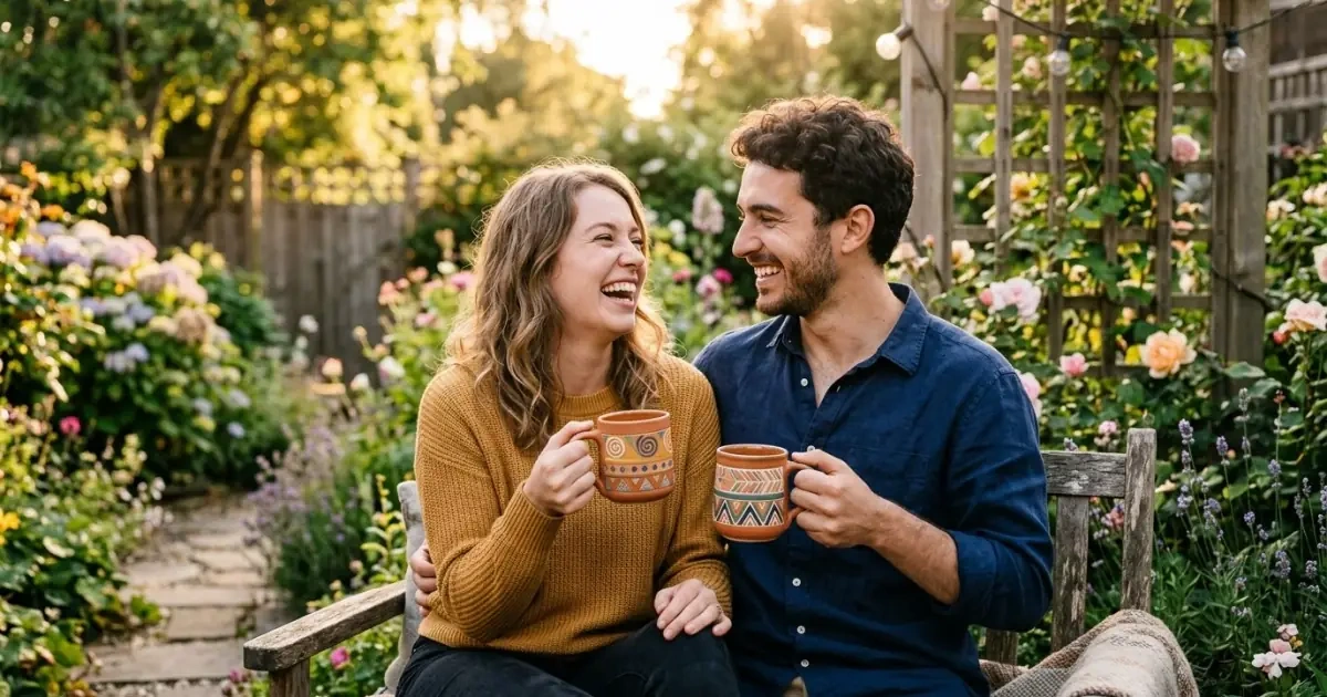 Two distinct terracotta mugs held by a happy couple, representing harmonious sibling names