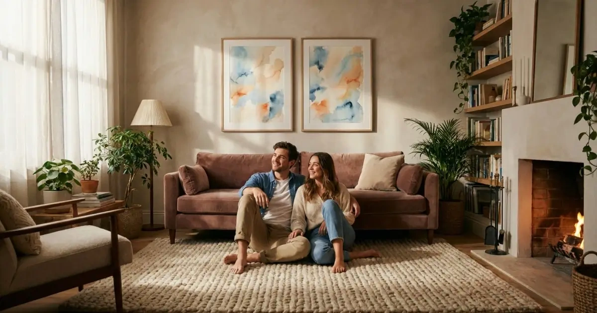 Young couple looking at complementary framed art representing balanced sibling name choices