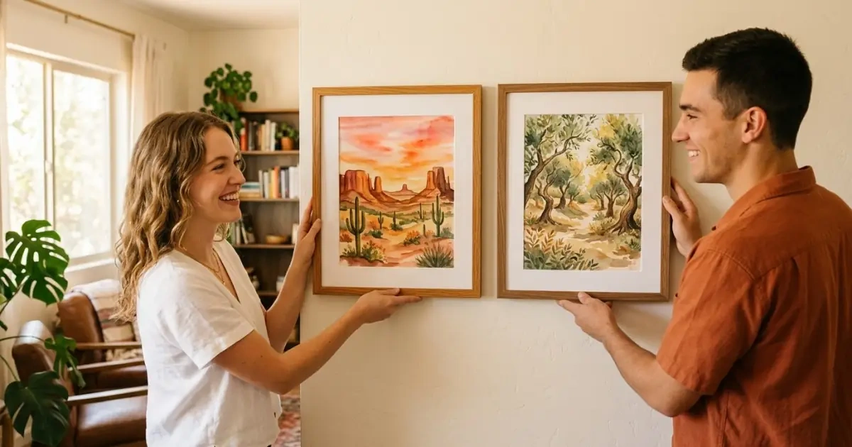 Two distinct framed watercolor paintings on a wall, symbolizing harmonious sibling names.