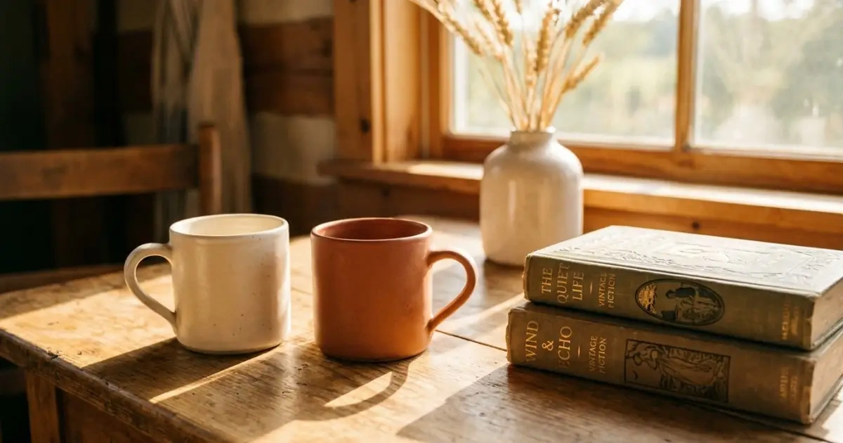 Two vintage books and ceramic mugs sharing a warm, cohesive kitchen atmosphere