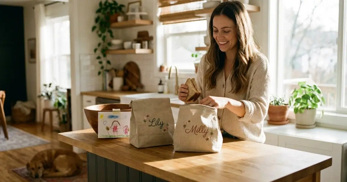 Two embroidered linen bags side by side, illustrating how sibling nicknames can match closely.