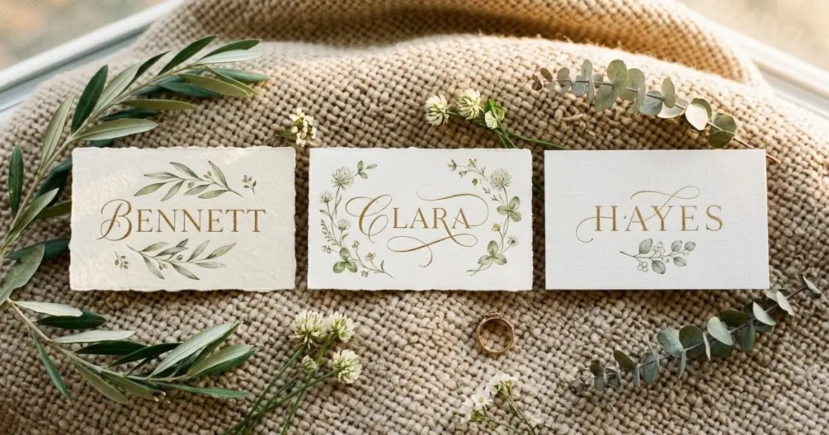 Three beautifully coordinated baby name cards showcasing balanced sibling sets