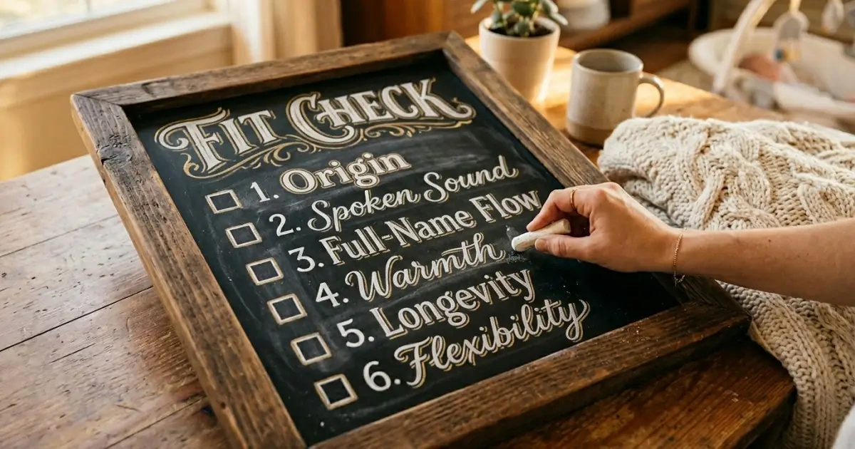 Cozy infographic checklist of the six-part fit check for surname baby names