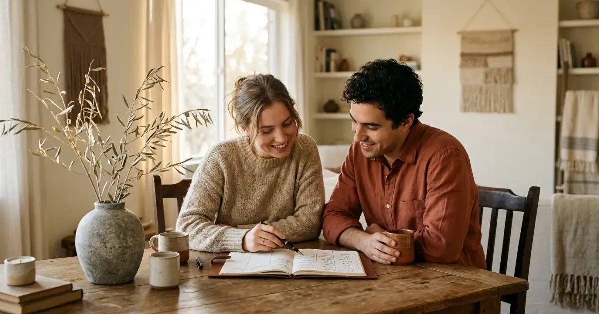 A young couple discussing soft and gentle baby names using a structured notebook on a rustic table.