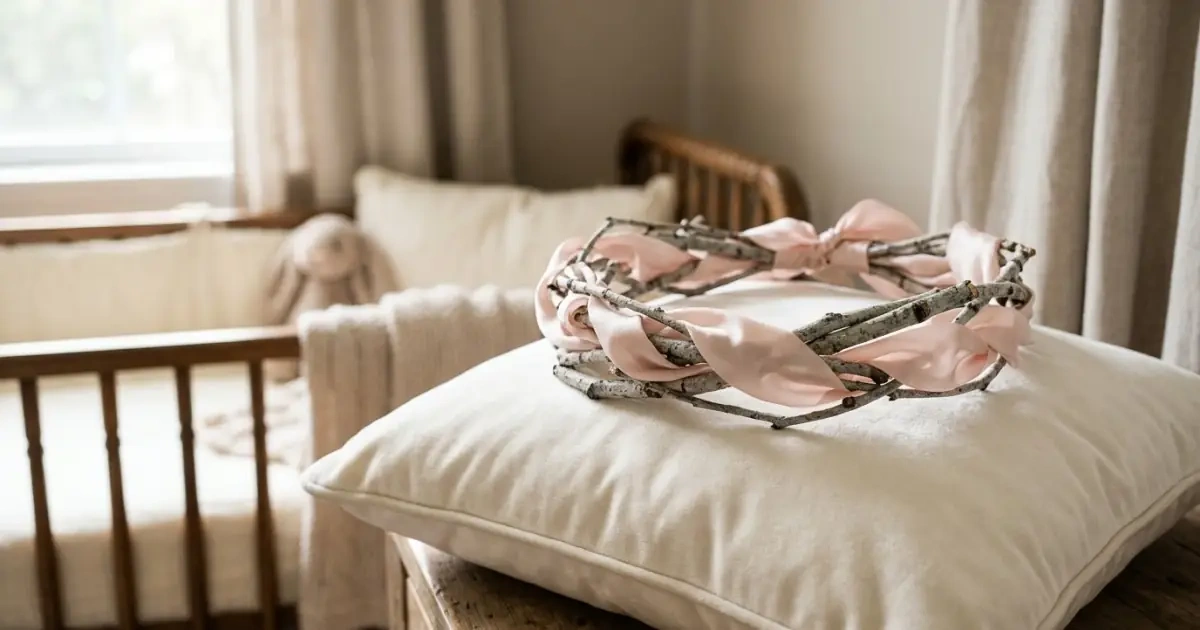 A delicate pink silk ribbon wrapped around strong silver birch twigs showcasing soft strength