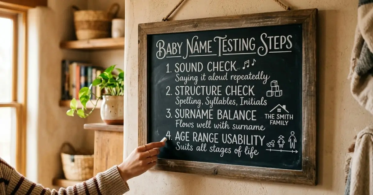 A cozy family chalkboard displaying a carry-well checklist for testing soft baby names.