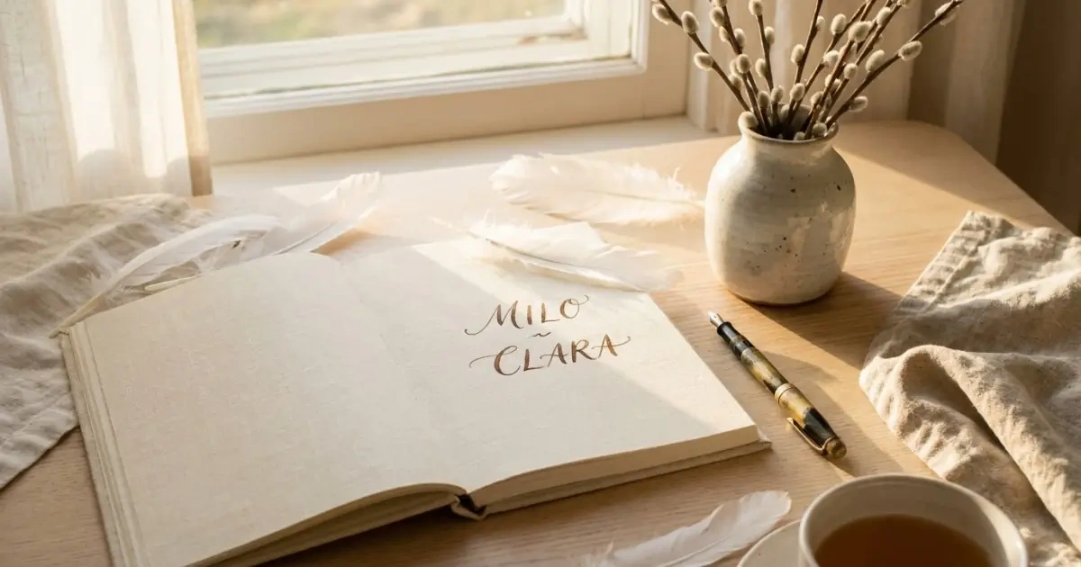 Flowing cursive lettering of soft baby names on a sunlit page.