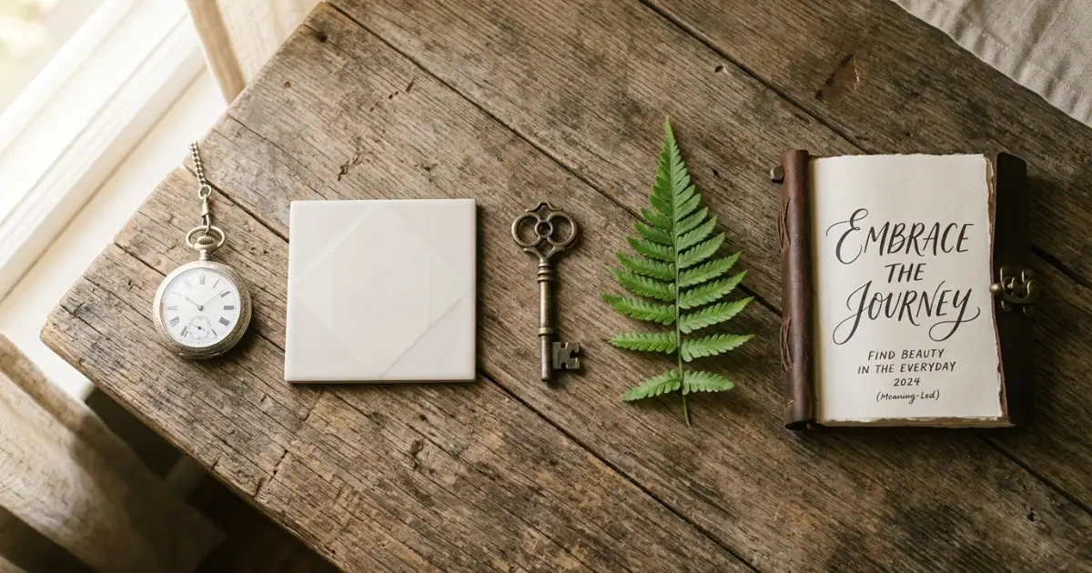 An elegant flat-lay of five items representing classic, modern, vintage, nature, and meaning baby name styles.