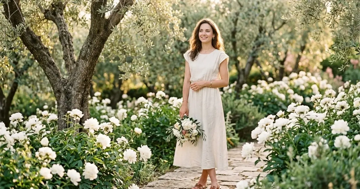 A confident young woman standing in a sunny garden, representing graceful soft names for girls.
