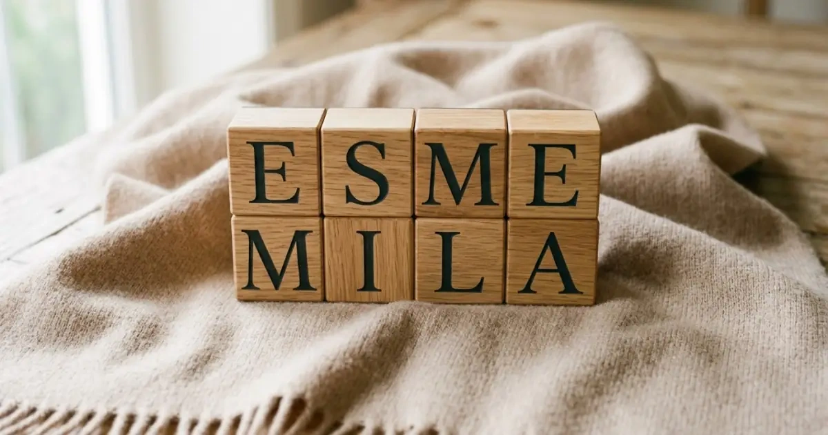 Oak wood letterpress blocks spelling out a soft name resting on a cashmere scarf