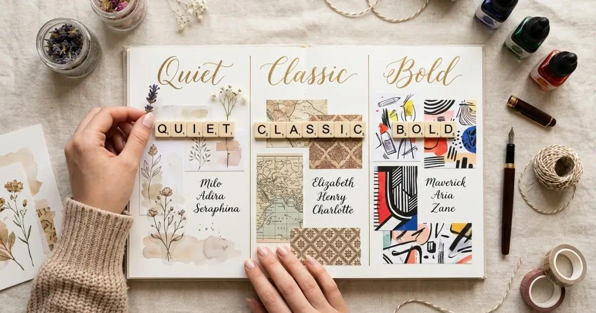 An elegant linen scrapbook page layout sorting different categories of strong baby names.