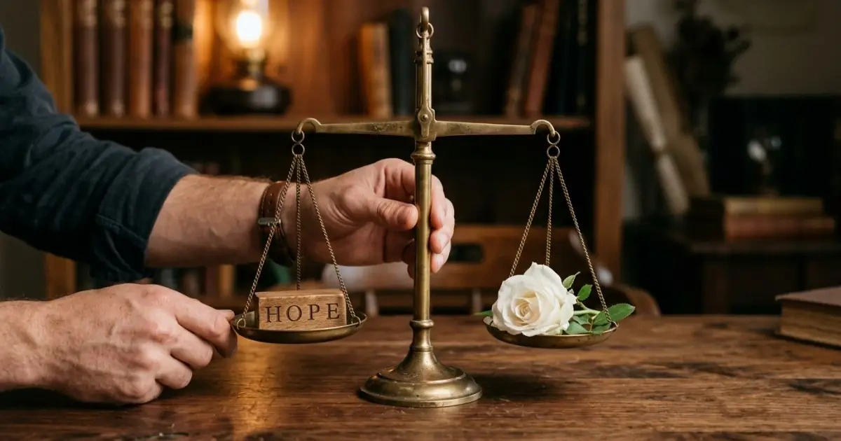 Vintage brass balance scales with letters and a rose, symbolizing sound balance in name selection.