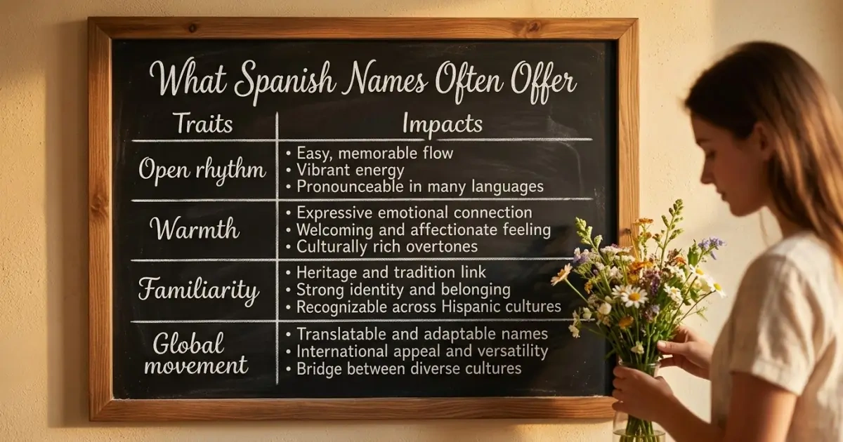A family chalkboard infographic displaying why Spanish names that travel well appeal to modern parents