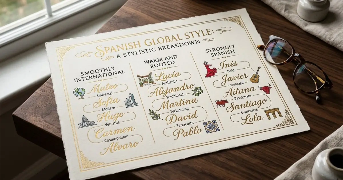 An elegant paper chart infographic showing different categories of Spanish names that travel well