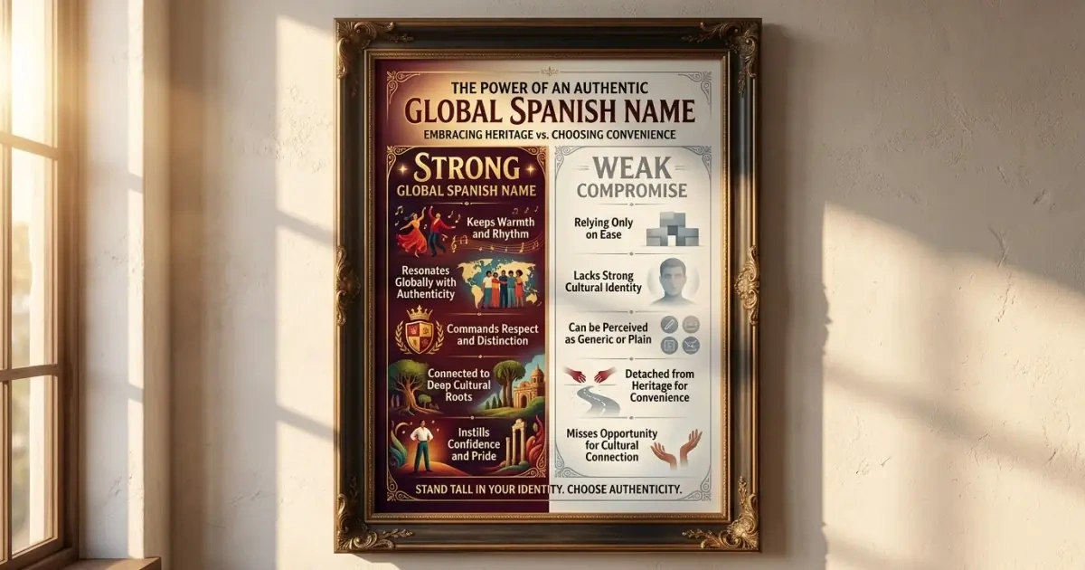A framed art chart infographic contrasting strong and weak standards for Spanish names that travel well