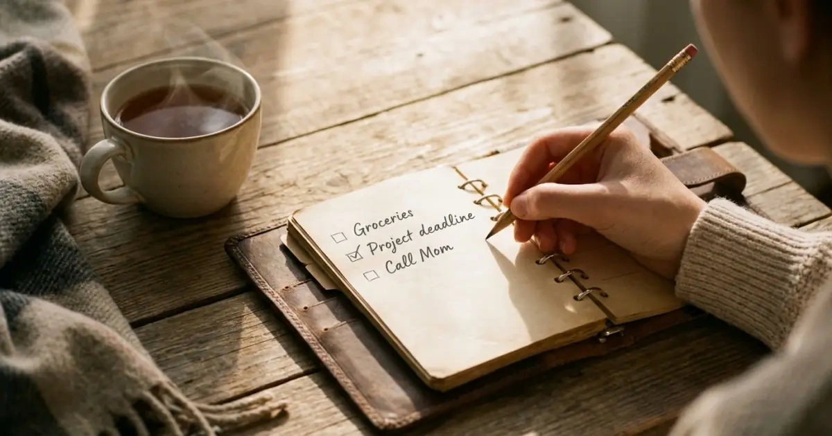 A hand checking off a baby name criteria checklist on a wooden table