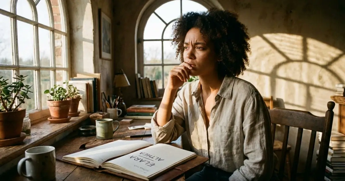 A thoughtful woman at a desk contemplating alternative baby name spellings