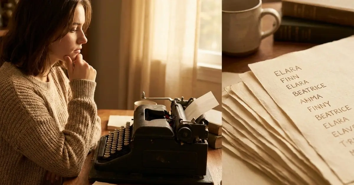 A woman at a typewriter, illustrating the challenge of spelling variants and spoken name duplication.
