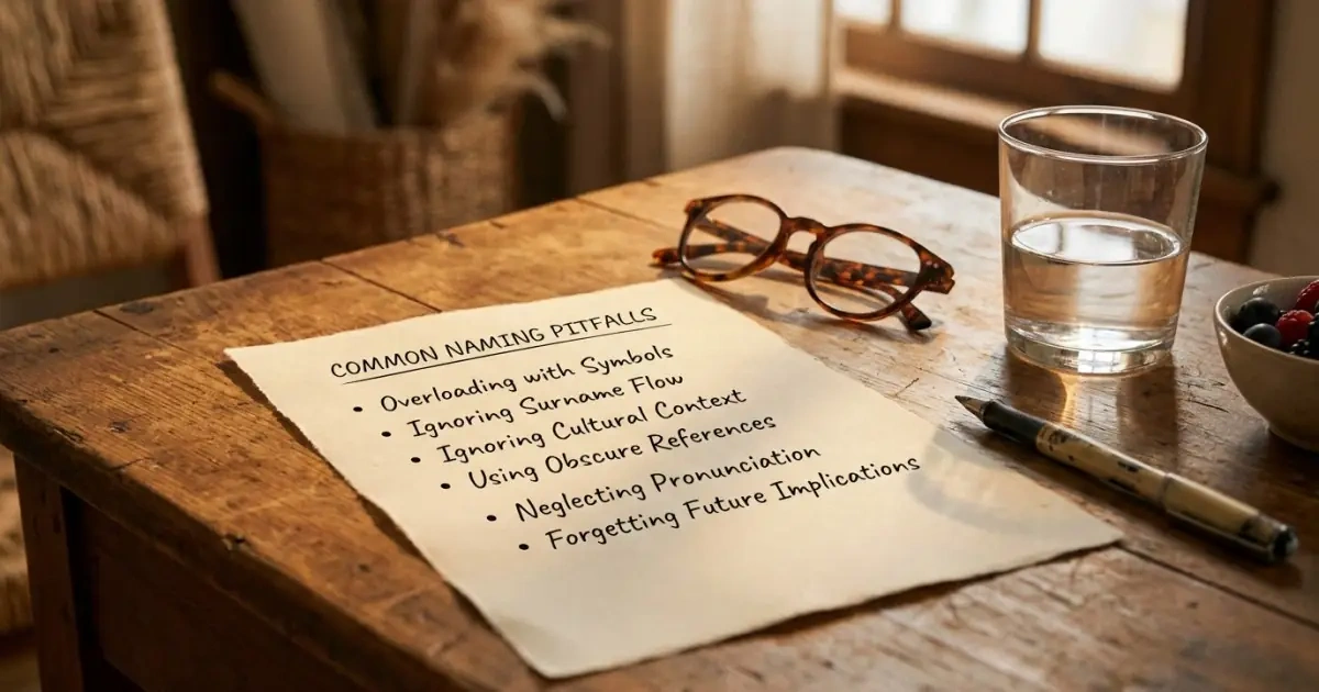 A handwritten guide on a wooden table pointing out mistakes to avoid with spiritual baby names