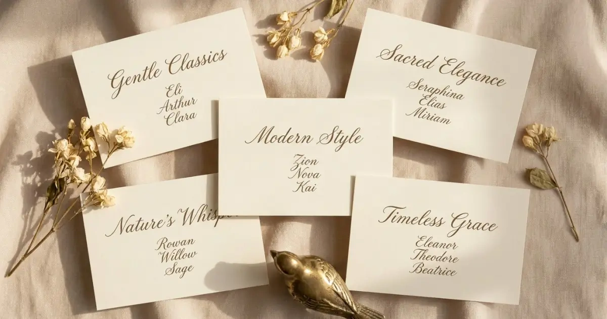 An organized arrangement of cards showing spiritual baby names grouped by style