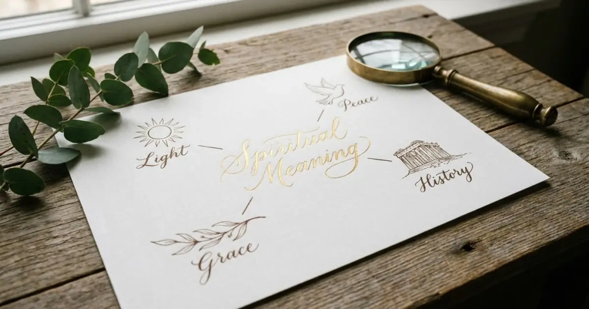 An elegant hand-drawn map of spiritual baby names categories on a wooden background