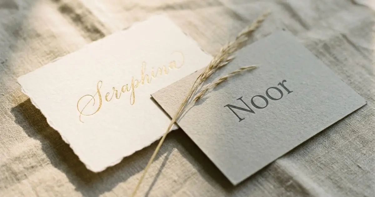 Two contrasting name cards illustrating style balance for spiritual names for babies