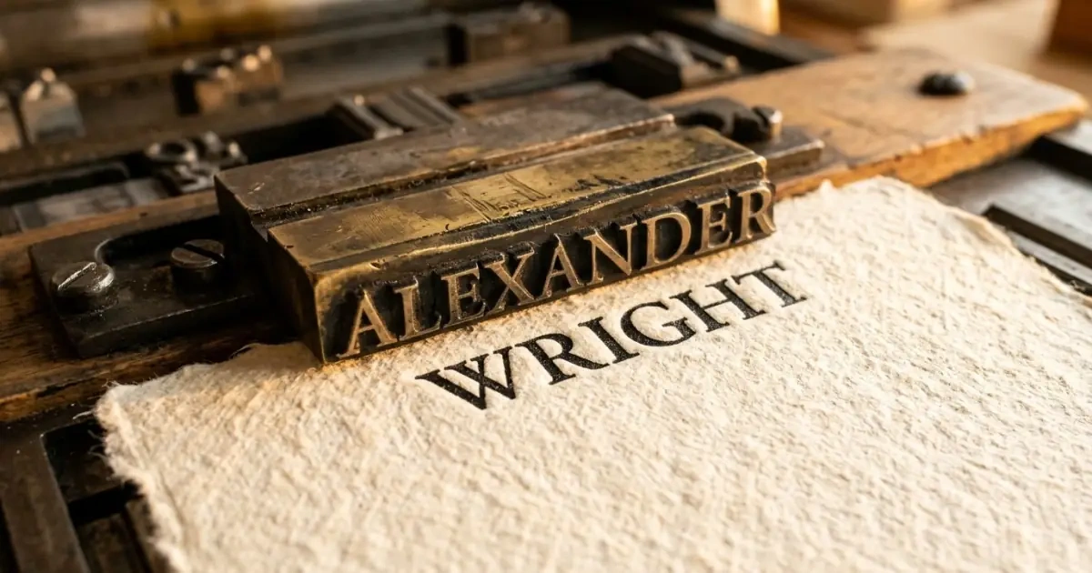A macro shot of a printing block stamping a traditional baby name into textured paper.
