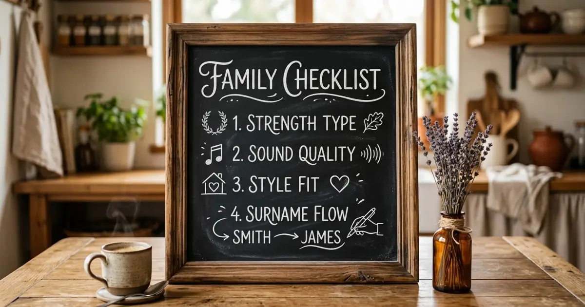 A cozy family chalkboard presenting a checklist framework for evaluating names meaning protector