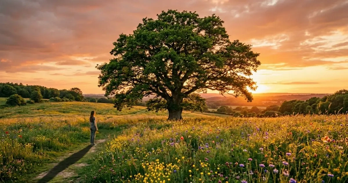 A grand oak tree in a wildflower field symbolizing strong baby names for girls with grace.