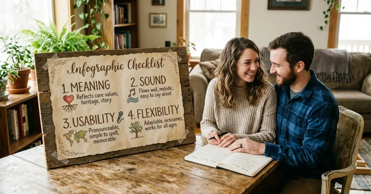 A cozy family checklist showing the four-part strength check for selecting strong baby names.