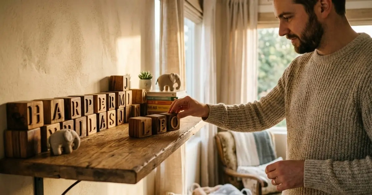 A young man arranging wooden alphabet tiles to explore diverse strong baby names.