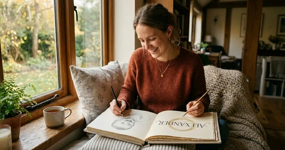 A young mother personalizing a notebook page to find nicknames for strong baby names.