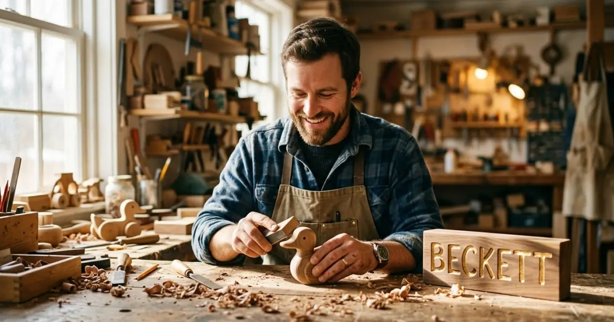 Father crafting at a wooden table, exemplifying warm surname names for boys