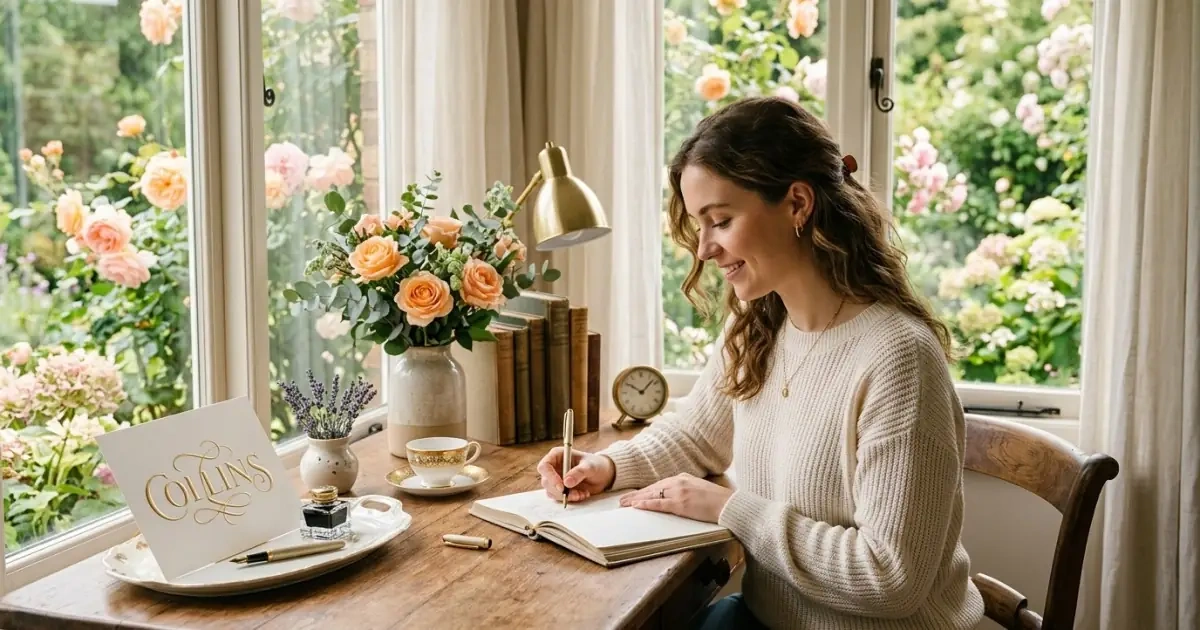 Elegant desk setup with peach roses highlighting surname names for girls