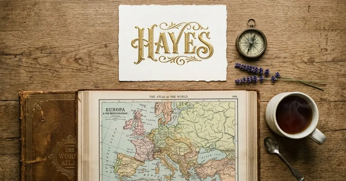 A modern surname name Hayes displayed over a vintage map with warm textures