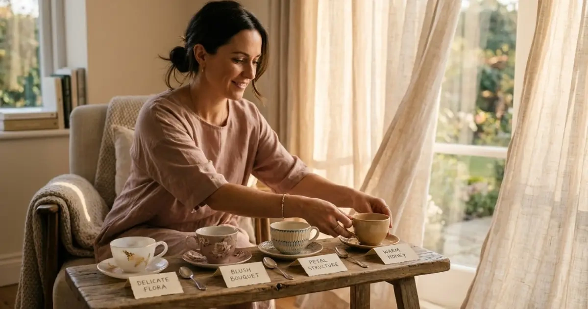 Four distinct porcelain cups arranged on a wooden table, illustrating different levels of sweet baby names.