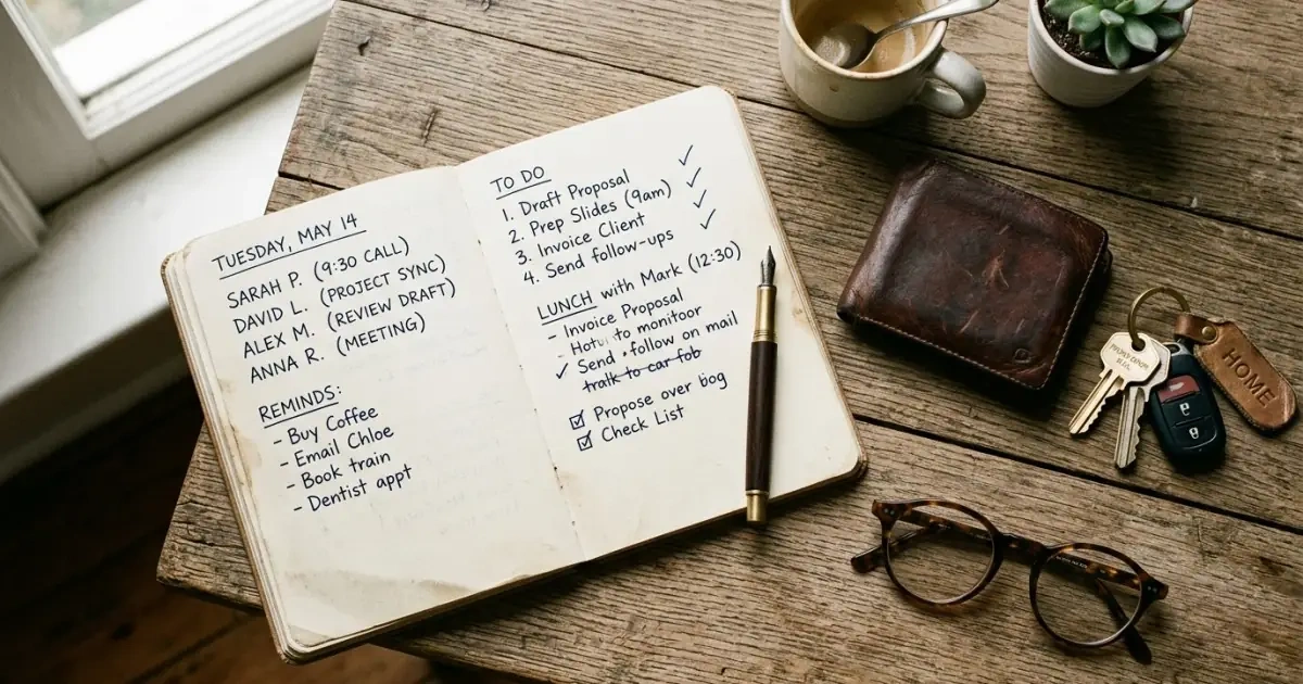 An open notebook with handwritten notes on a wooden desk next to everyday items