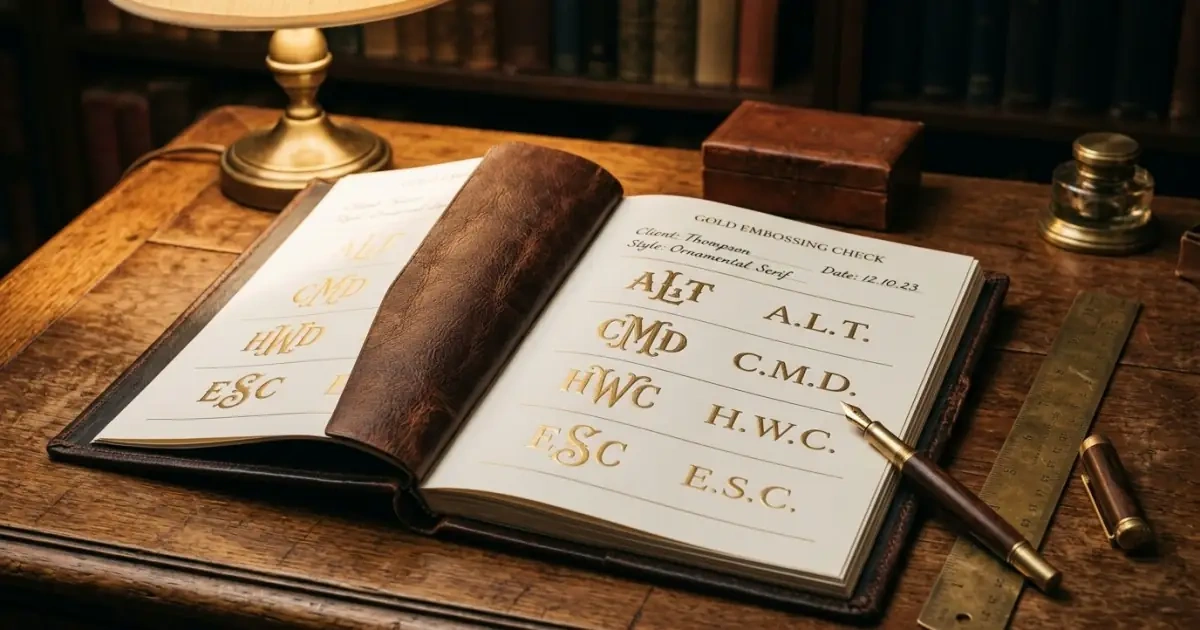 Matte gold embossed monograms and initials displayed in an open leather ledger