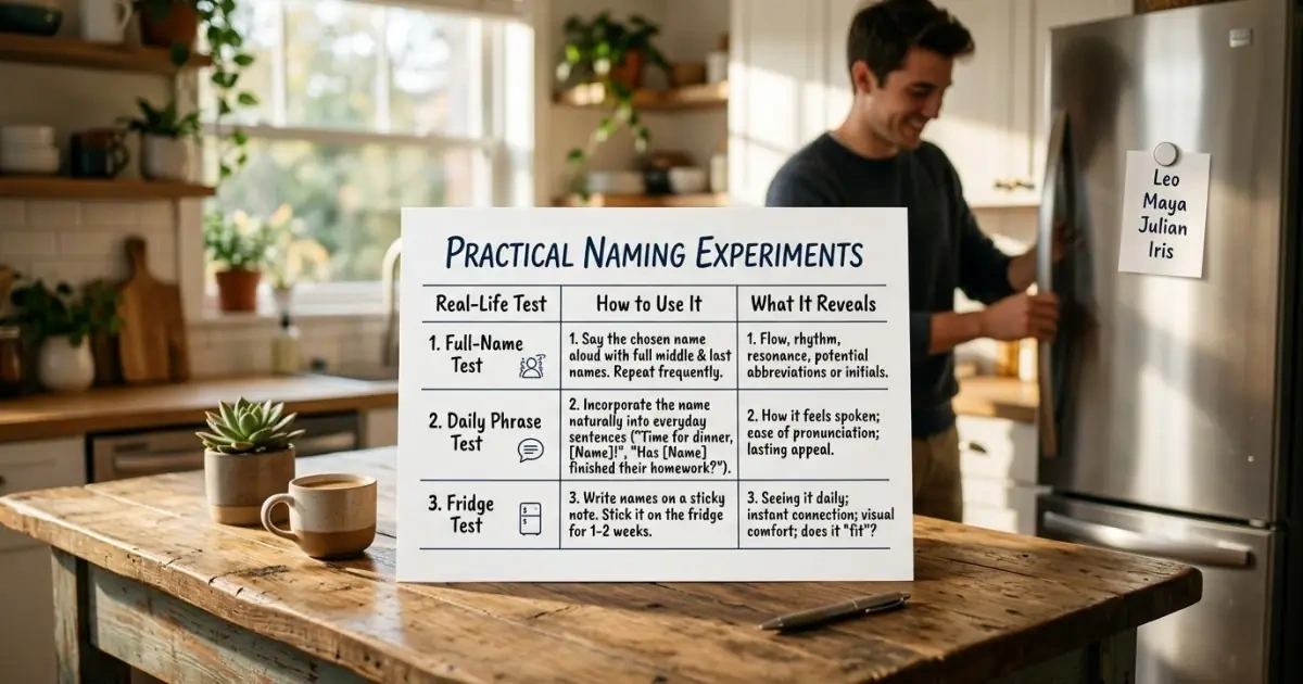 A real-life testing guide infographic chart showing couples how to practical test name choices